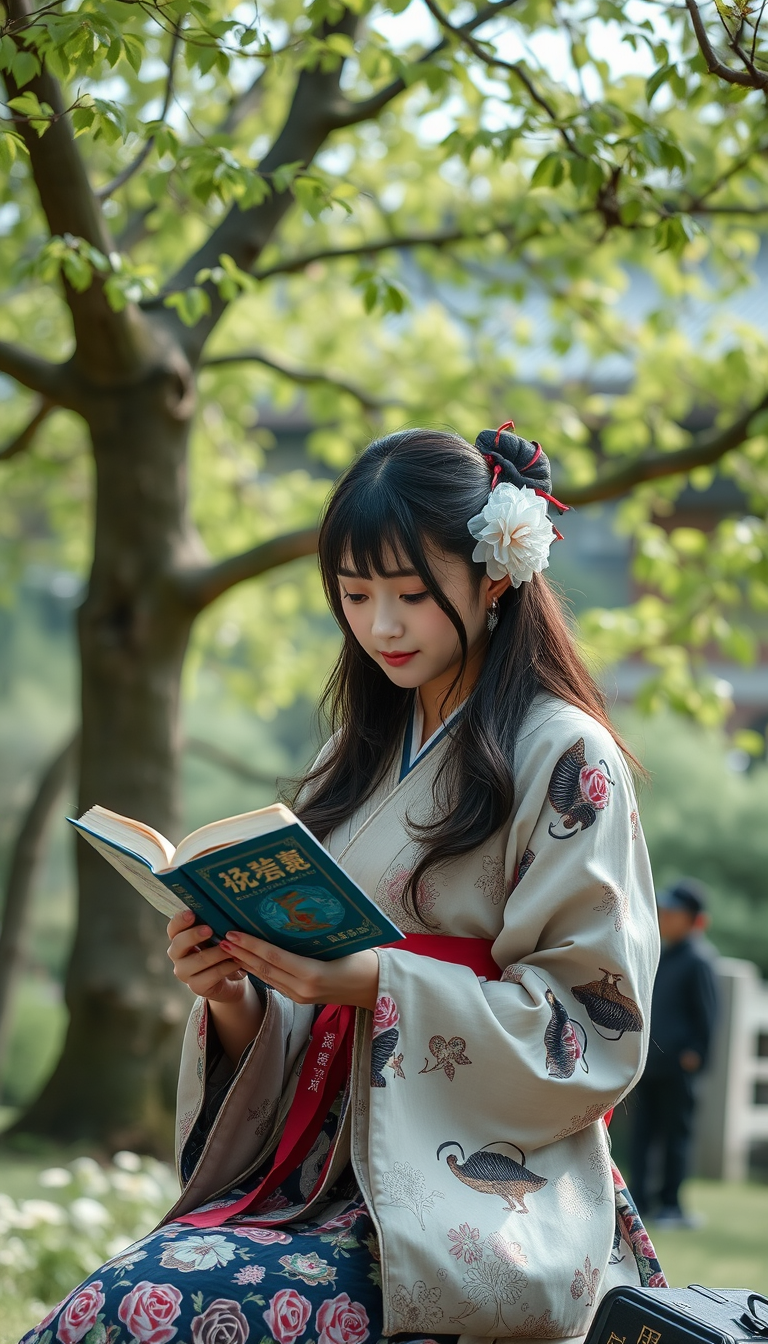 A Japanese beauty is reading a book under a tree.