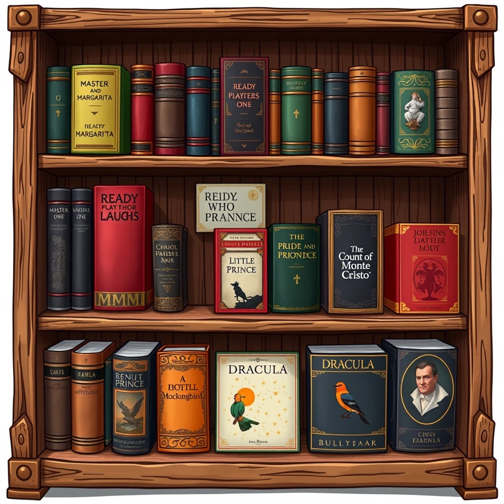 Illustration of a beautiful wooden bookcase filled with 7 books with these titles: 
1. Master and Margarita; 
2. Ready Player One; 
3. The Man Who Laughs; 
4. Pride and Prejudice; 
5. The Little Prince; 
6. The Count of Monte Cristo; 
7. To Kill a Mockingbird; 
8. Dracula. 
Use the exact names given. Detailed picture, fantasy style.