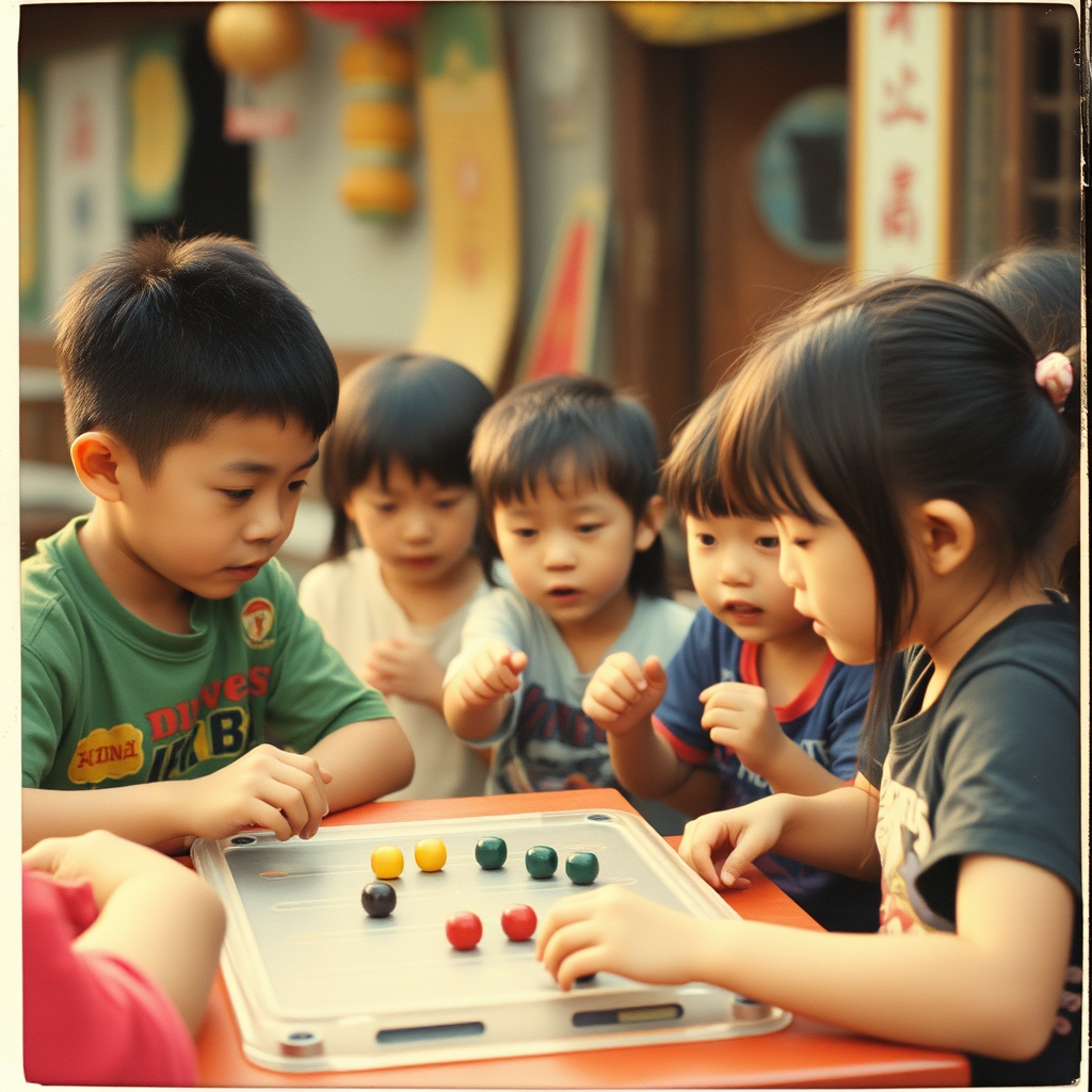 China in the 1980s. Children playing multiplayer games. Summer. Ultra-detailed portrait. Grainy film with light leaks. Polaroid photo with slightly peeling edges. - Image