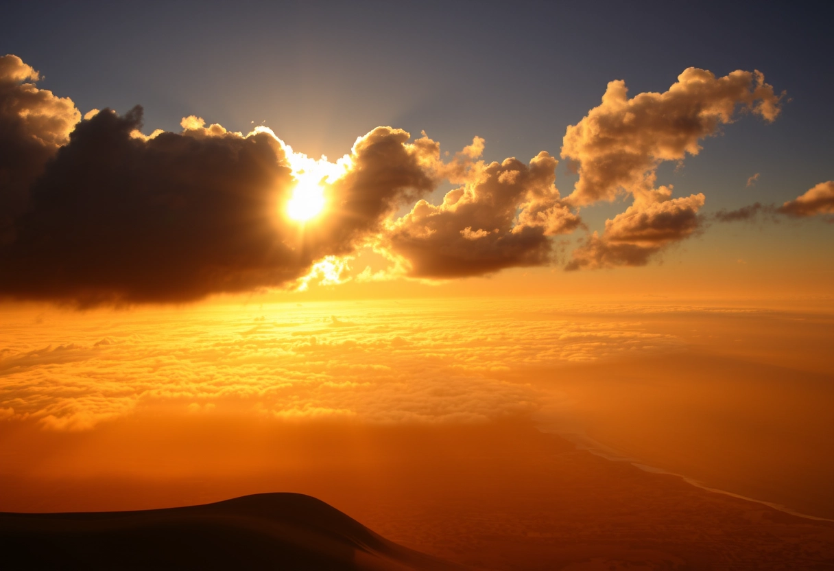 The brilliant sunset shines on the clouds above; beneath the clouds is the desert nearby, and the sea in the distance. Both the sea and the desert are shrouded in the golden glow of the sunset.