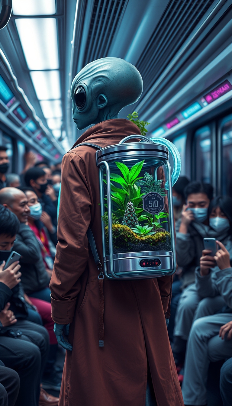 A humanoid alien wearing a long jacket is on a crowded subway train, carrying a transparent cylindrical backpack terrarium filled with neon lush greenery and small plants. The terrarium features metallic accents and a neon hose connected to it, giving it a futuristic appearance. The subway is filled with human passengers, many of whom are wearing masks and holding onto the handrails. The setting is busy and urban, highlighting the contrast between the natural elements in the terrarium and the modern, bustling environment.