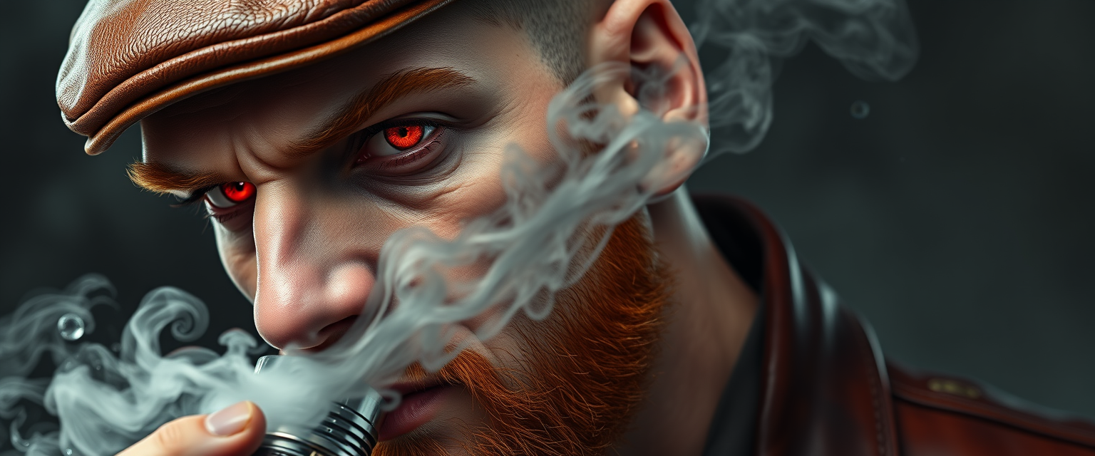 Hyper-realistic three-quarter portrait of a demonized white male, bald with meticulously detailed ginger stubble, donning a worn leather flatcap. Piercing red eyes gleam as he exhales dense, swirling vapor clouds from an intricately designed chrome vapemod. Iridescent e-liquid droplets suspended mid-air. - Image