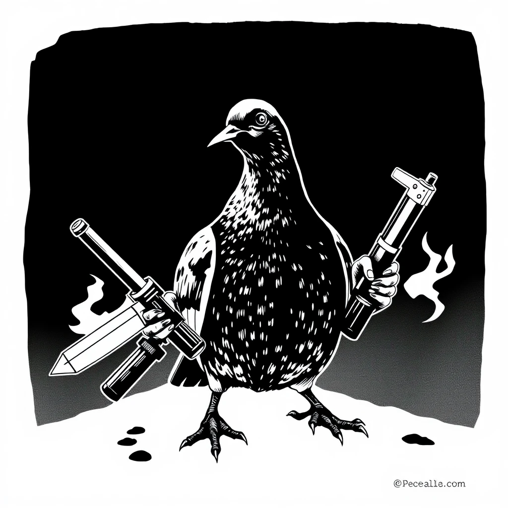 Dove with weapons in its paws, linocut style, black and white.