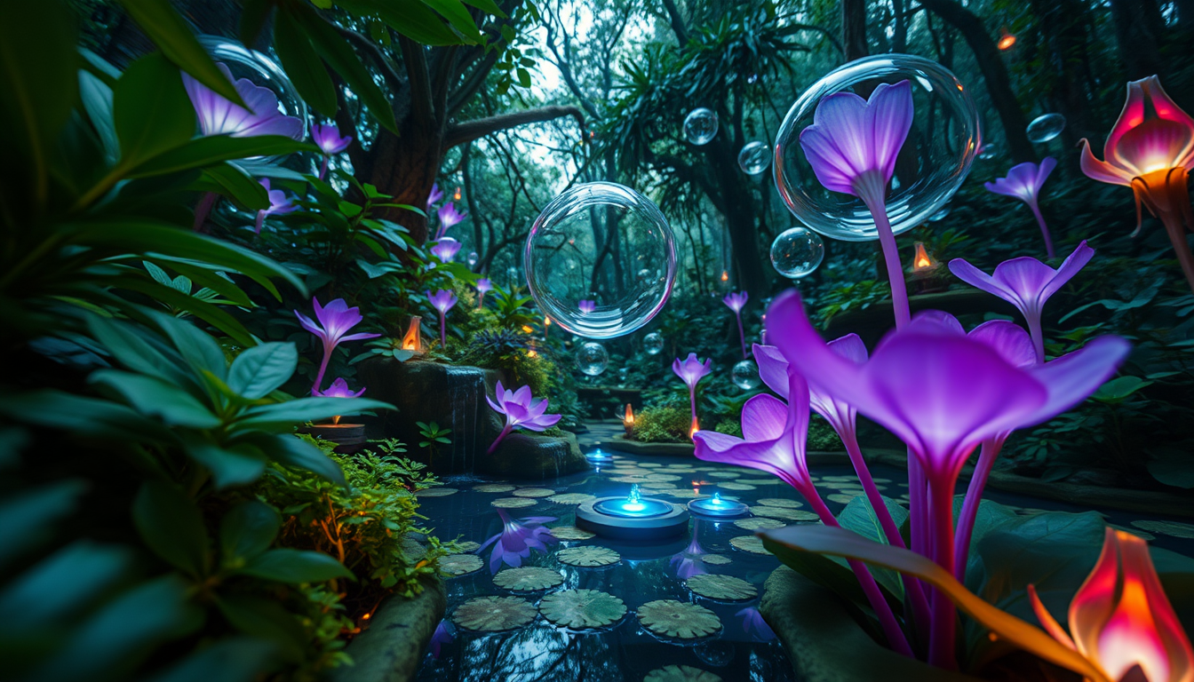 An eye-level, wide-angle shot of a fantasy forest with many lush greens and bioluminescent purple and blue alien flowers in strange shapes unseen on earth, like a scene from Avatar. There are also many giant transparent reflective bubbles drifting slow and steady, adding calmness to the scene. The focus is on those unreal colors of those bioluminescent plants and a water feature, all looking completely alien. The mood is serene and meditative, perfect for quiet contemplation.