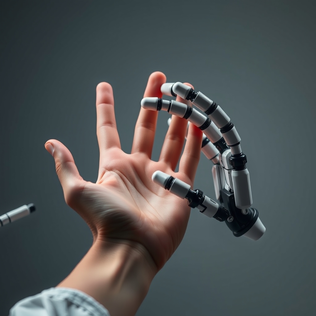 Craft a striking photograph of a human hand reaching out to a robotic hand, illustrating the ongoing debate about the boundaries of AI and human interaction.