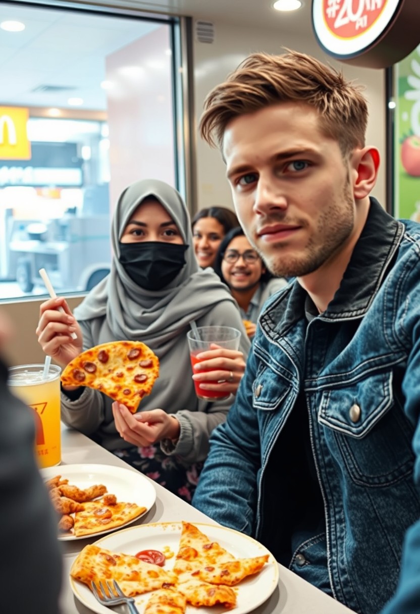 Jamie Dornan's head and body shot, handsome young man, black face mask, blue jeans jacket, jeans, dating a Muslim girl in a grey hijab with beautiful eyes, black face mask, black leather jacket, wearing the biggest floral skirt, at a fast food restaurant, with a plate of cheese pizza slices, a plate of Korean fried chicken and fries, a glass of soft drink, eating with three other random smiling friends, photorealistic, hyper-realistic, street photography, selfie.