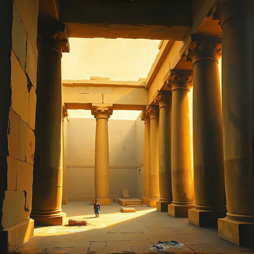 An old oil painting of an Egyptian temple. Inside. Sunlight from the right. Composition from the side. - Image