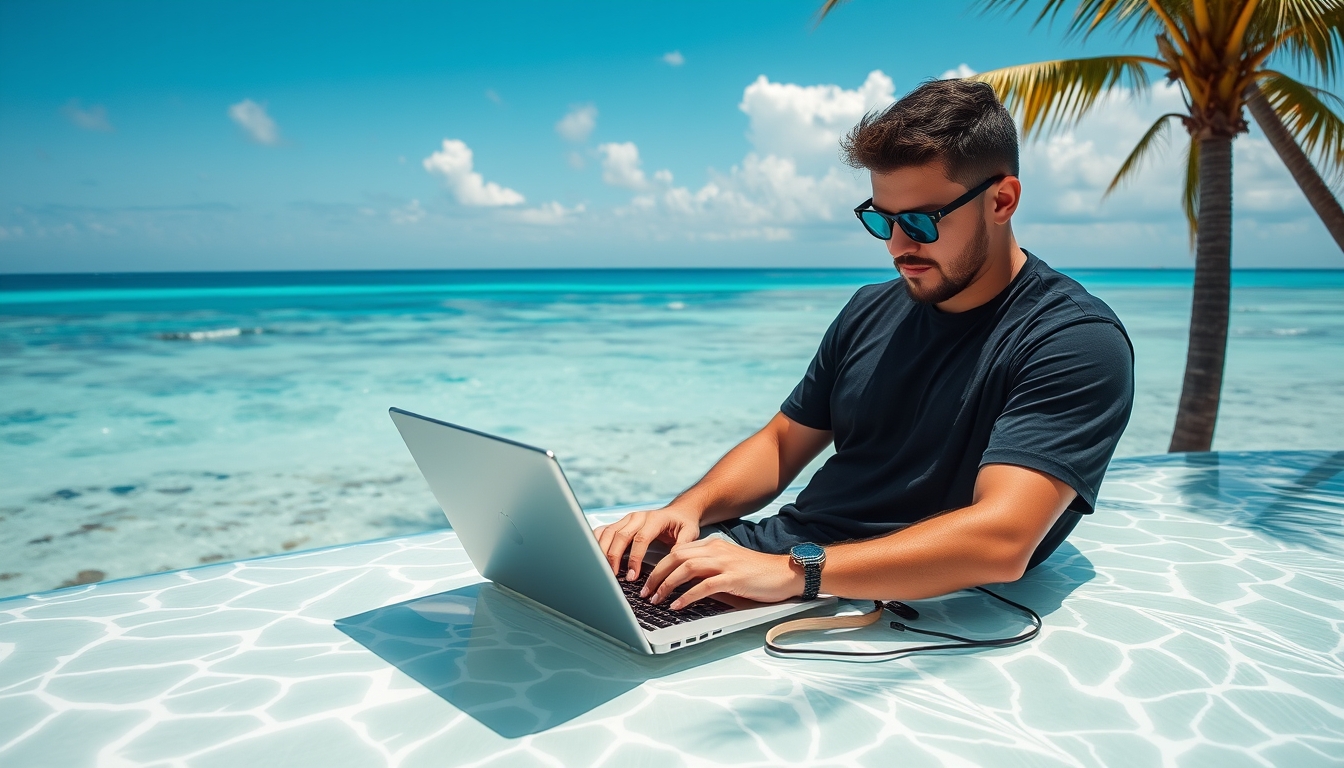 A digital artist working on a laptop in a tropical location, with the ocean in the background, emphasizing the freedom of remote work.