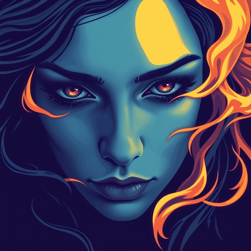 A tee shirt design of a close-up of a woman's face, inspired by the sun. Her expression is deep and soulful, reflecting both passion and sadness. Her eyes are intense and filled with emotion. The color palette is cool, featuring deep blues and purples, with a hint of warmth in her eyes. Whipping flames accent her face, blending seamlessly into the background, creating a contrast between the cool and warm tones. The overall feel is a harmonious blend of passion and melancholy, embodying the soulful essence of the sun.