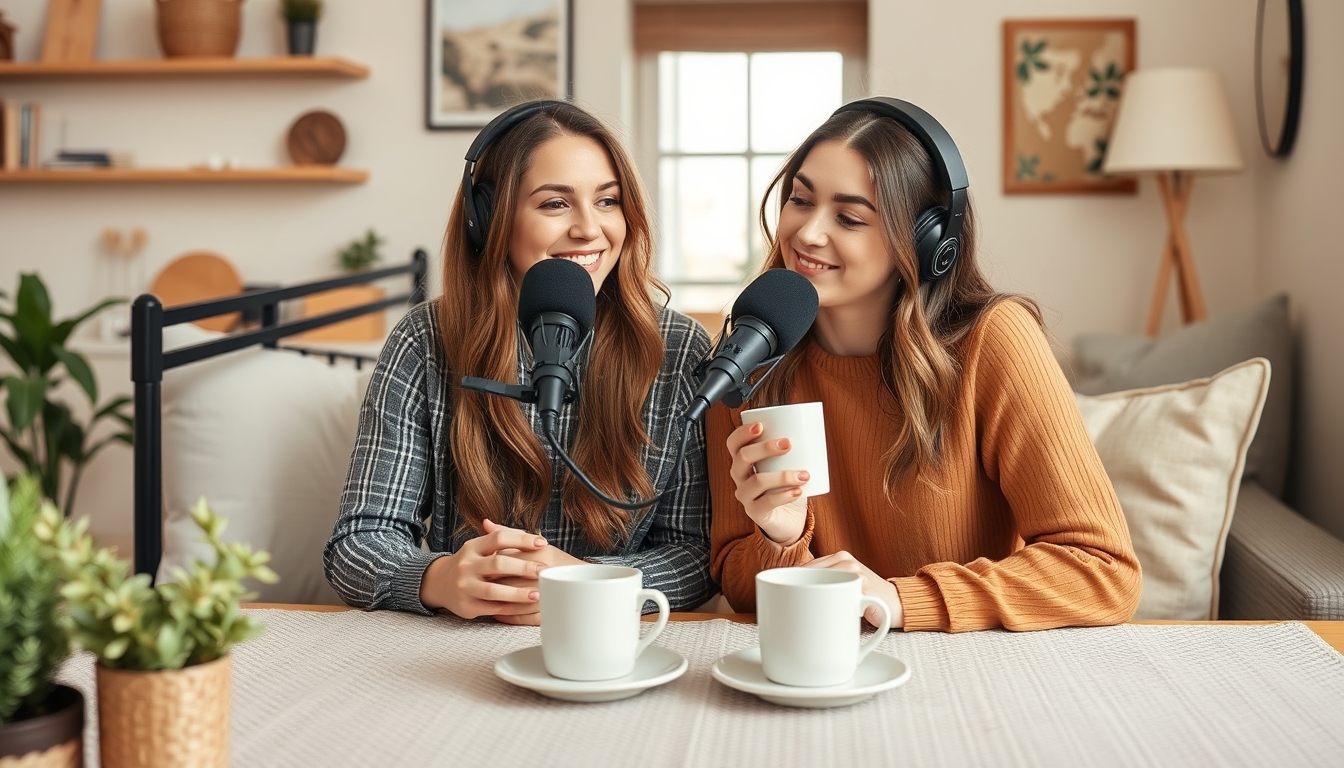 Young women with coffee cups recording podcast at home