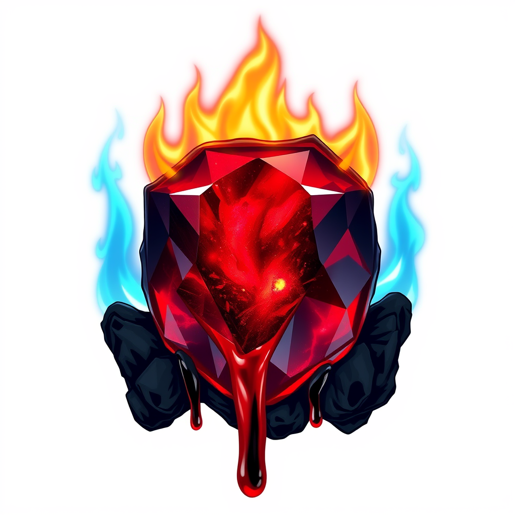 A tee shirt design of a beautiful freshly cut ruby on fire with beautiful liquid red ruby dripping with flames. The ruby has black char all over it and subtle colorful embers burning in the ruby. Inside of the ruby should be reminiscent of beautiful galaxies perfectly blended with chaos. Striking and otherworldly on a transparent background, the flames should have an outline of a beautiful blue ethereal glow. - Image