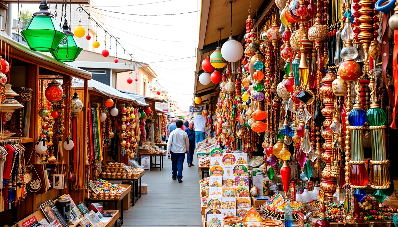 A bustling market with stalls selling colorful glass jewelry and ornaments.