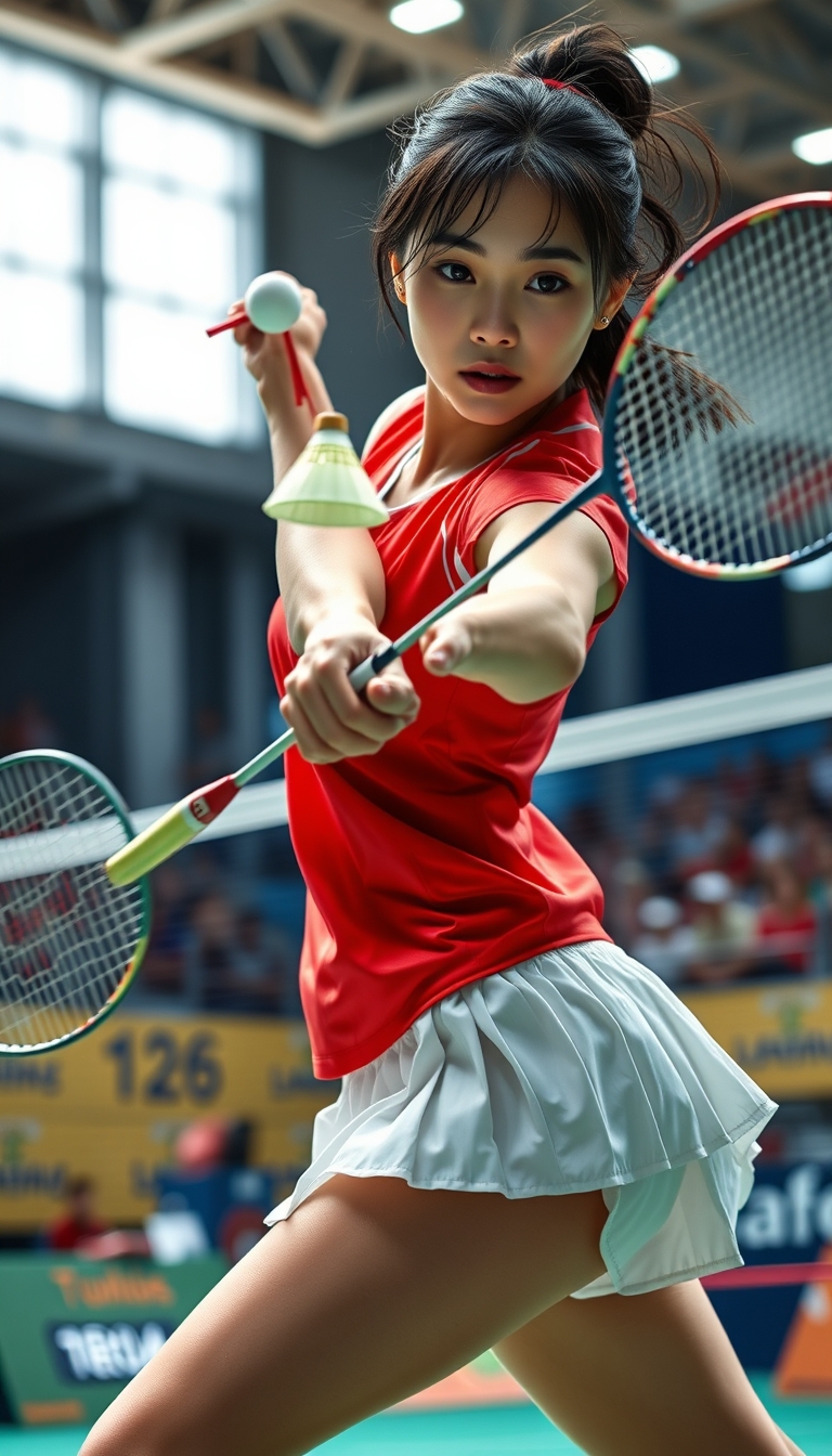 A detailed, realistic portrait of a young woman playing badminton in an indoor sports arena. The woman is wearing a bright red jersey and is mid-swing, her body in a dynamic, athletic pose as she focuses intently on the shuttlecock. The background is blurred, with glimpses of the court, net, and spectator stands visible. The lighting is natural and directional, creating shadows and highlights that accentuate the woman's features and muscular definition. The overall composition conveys a sense of energy, movement, and the intensity of the game. The image is highly detailed, with a photorealistic quality that captures the textures of the woman's clothing, skin, and the badminton equipment. 
A woman with a beautiful face like a Japanese idol, she is wearing a white pleated skirt. 

Badminton rackets and shuttlecocks with dynamic swings and motion blur. - Image