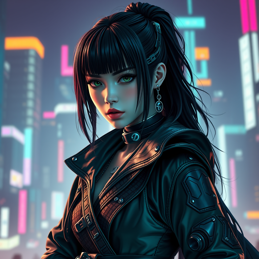 Cyber Samurai style of women warrior with rugged black hair and cybernetic implants | merging leather garments with futuristic cyberpunk elements | flowing robes and high-tech armor plating | dystopian cityscape background | in deep blue and neon green. hyper-real, 8k, AR, cute face style.