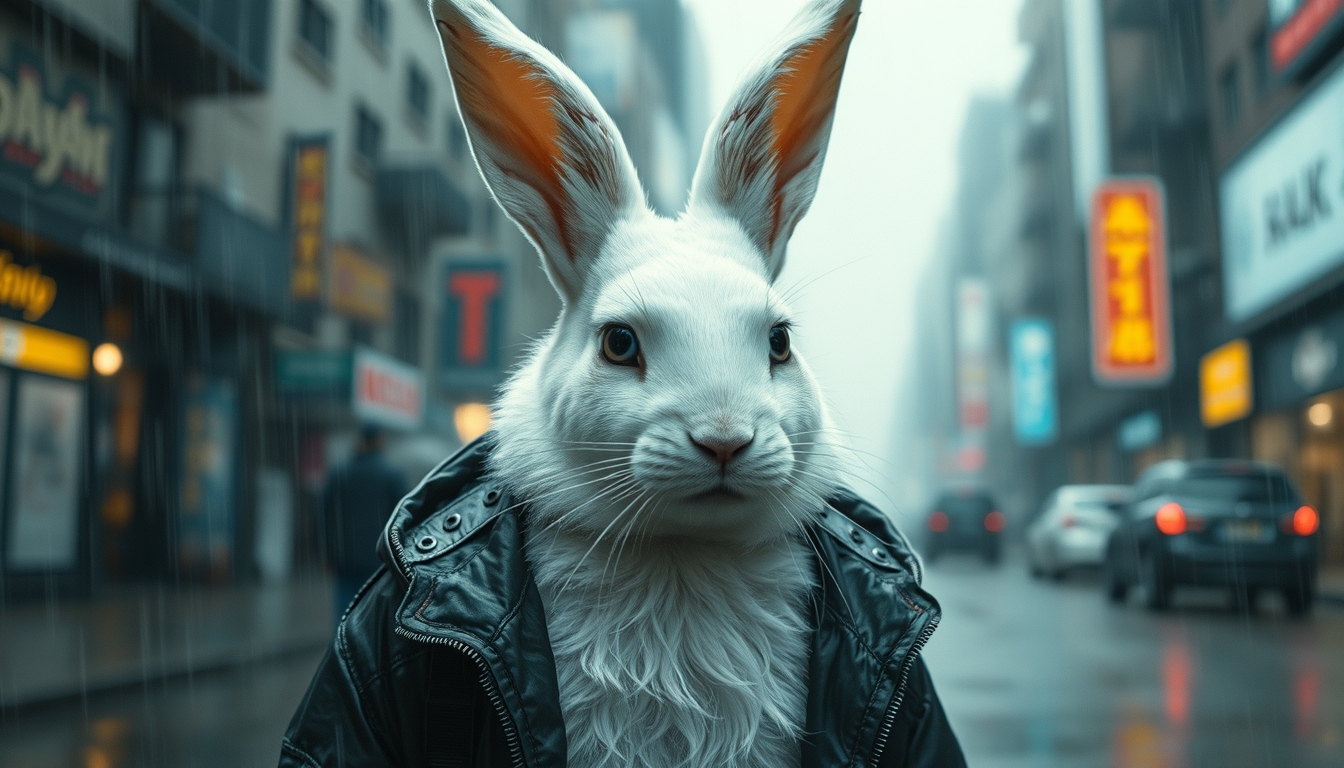 An adult white rabbit stands in a cyberpunk city, in the rain. He's wearing a cyberpunk-style jacket. The rabbit has an augmentation on his right eye and many scars. Cyberpunk implants are visible on the cat. A masterpiece, maximum detail, cinematography.