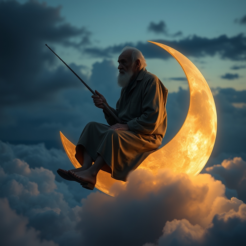 An old man sits serenely on a crescent moon, (fishing among the clouds:1.4). The scene has an evening, tranquil atmosphere. It’s dreamy and whimsical. Deep depth of field, photography, National Geographic photo, hyper-realistic, 16k resolution, (masterpiece, award-winning artwork), many details, extreme detail, full of details, wide range of colors, high dynamic.