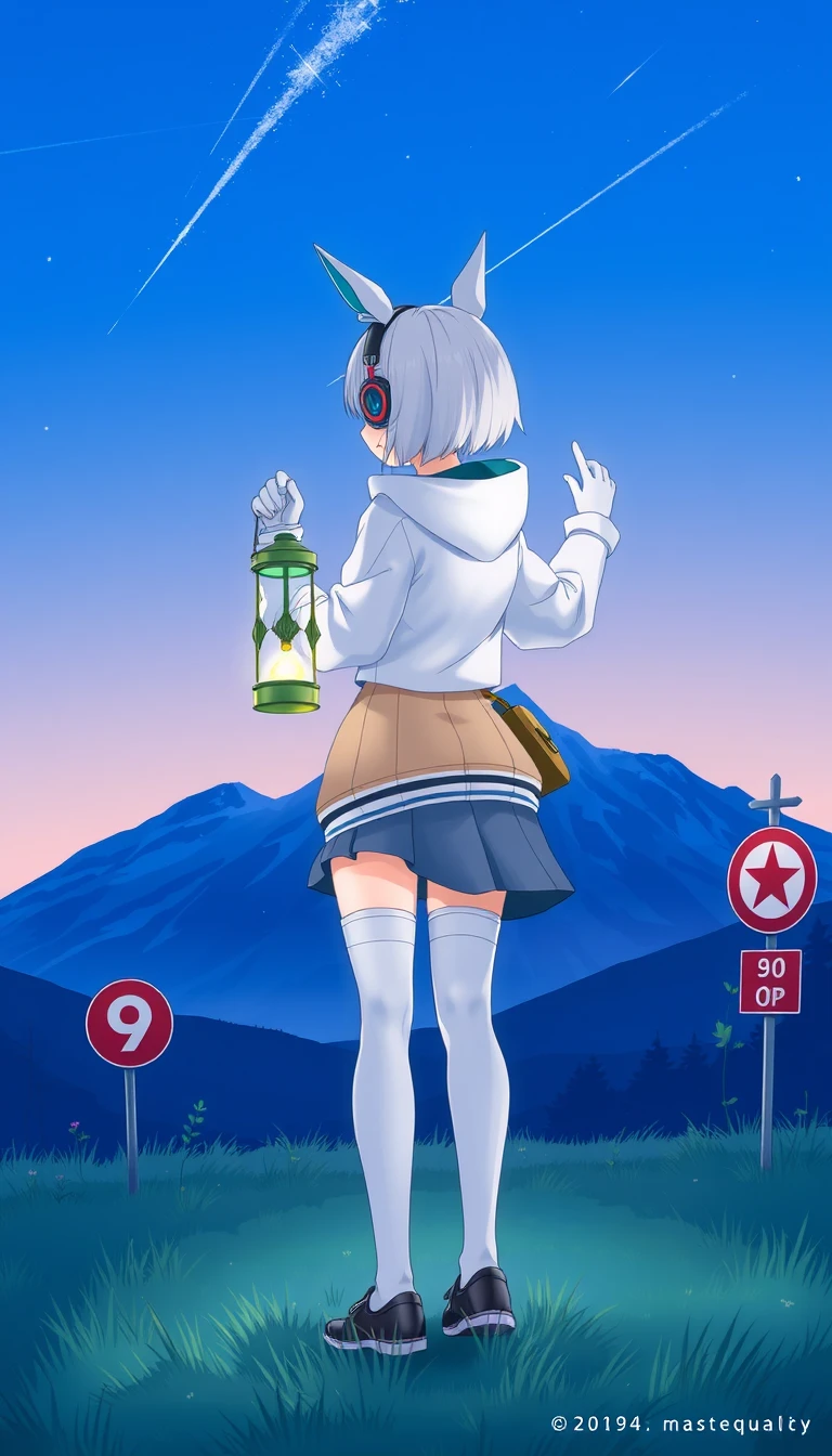 1 girl, score 9, score 8 up, score 7 up, fersa, 1 girl, breasts, short hair, blue eyes, skirt, long sleeves, gloves, thigh highs, jacket, yellow eyes, white hair, shoes, puffy sleeves, midriff, white gloves, hood, crop top, blue skirt, fake animal ears, heterochromia, headphones, white jacket, puffy long sleeves, multicolored eyes, blue sky, blue theme, bus stop sign, dawn, facing away, gradient sky, grass, holding, holding lantern, lantern, meteor shower, mountain, nature, on grass, outdoors, plant, road sign, scenery, sign, sky, solo, standing, star (sky), tree, very wide shot, masterpiece, best quality.