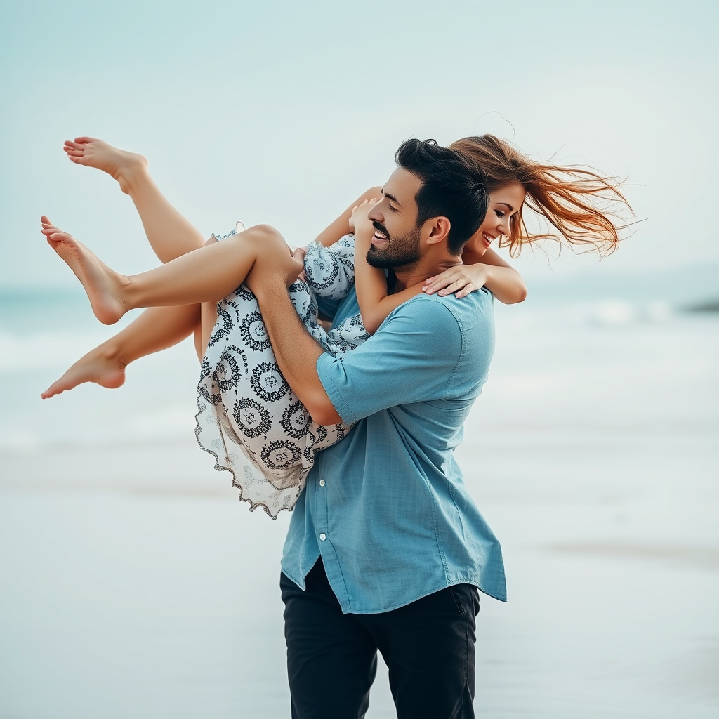 Handsome man lifting a woman in his arm, at beach. - Image