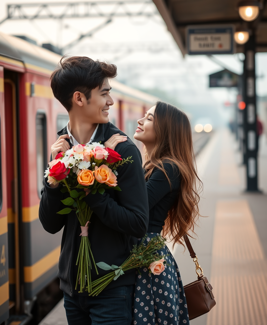 A romantic scene on the platform near the train, a young man and a girl in love look at each other tenderly, a bouquet of flowers in the guy's hands, the girl's hands on his shoulders. - Image