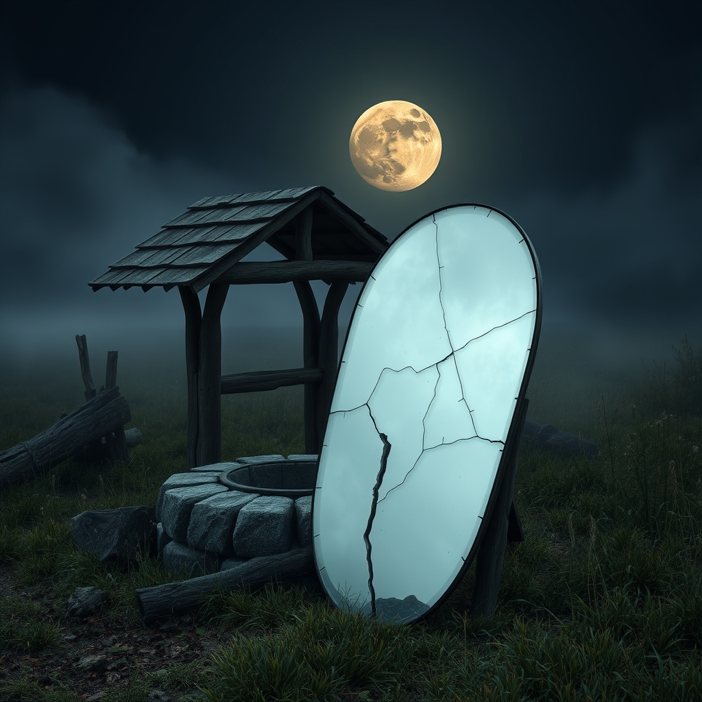 A cracked mirror propped against an old well in a misty meadow, reflecting the eerie, pale glow of the full moon. - Image