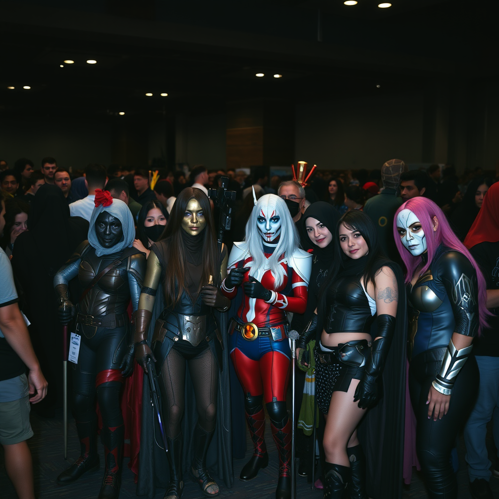 Comic Con group photo, lots of different cosplay, shot on Sony Alpha, dark moody aesthetic. - Image