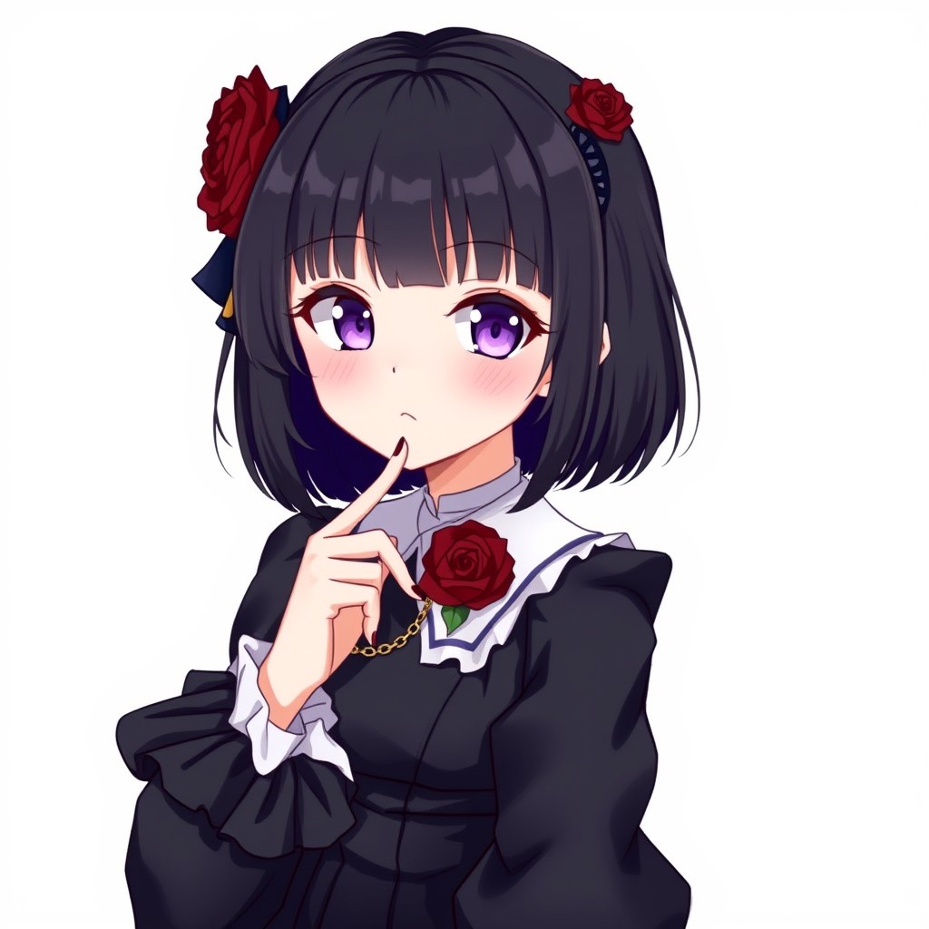 1 girl, solo, looking at viewer, blush, bangs, simple background, black hair, hair ornament, long sleeves, white background, dress, closed mouth, purple eyes, upper body, flower, hairband, frills, parted lips, hand up, hair flower, medium hair, grey background, black dress, collar, cosplay, rose, chain, frilled sleeves, red flower, portrait, lolita fashion, red rose, gothic lolita, kitagawa marin.