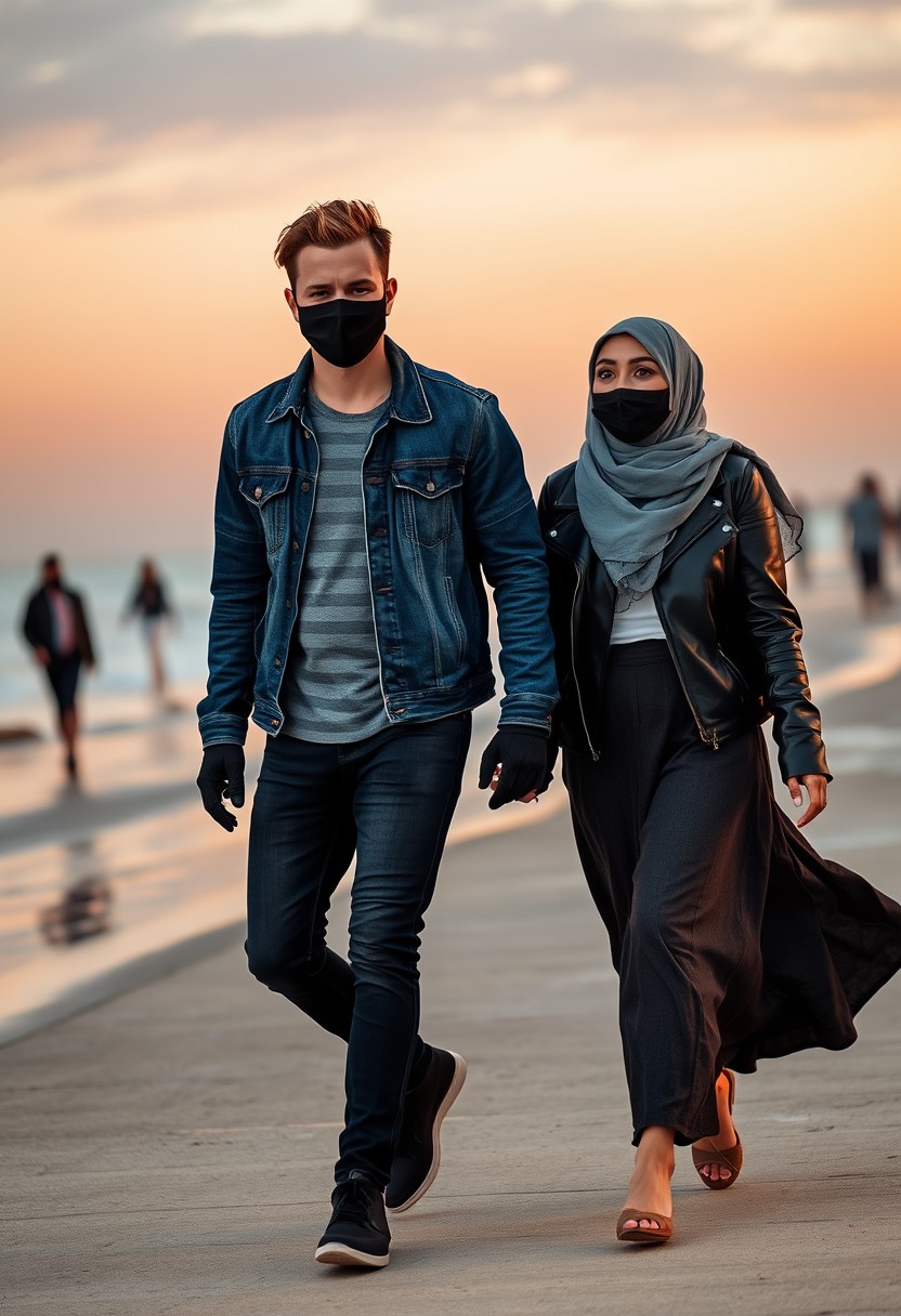 Jamie Dornan's head and body shot, handsome, black face mask, denim jacket, jeans, dating, love couple, with the biggest Muslim girl in a grey hijab, black face mask, beautiful eyes, black leather jacket, largest skirt, walking happily at the beach, sunset, hyper-realistic, street photography. - Image