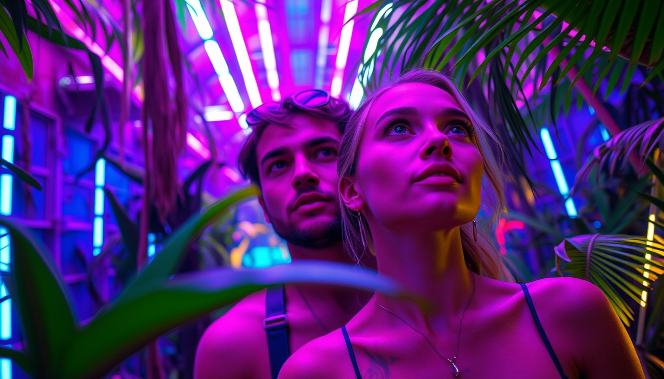 Focus shifts to the male and female, amazed and slightly disoriented by this futuristic environment. The lighting here is cooler, with a palette dominated by neon purples, blues, and greens, adding to the surreal experience. Surreal and vivid, combining the raw, untamed beauty of the Amazon Jungle with otherworldly psychedelic visuals and futuristic, neon-lit cyberpunk elements. - Image