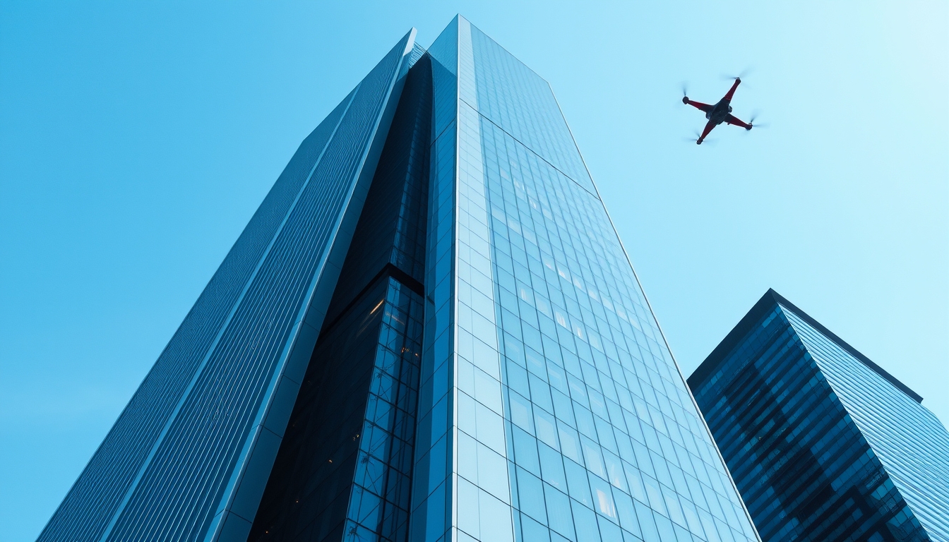 A towering skyscraper with sleek, reflective surfaces and innovative design elements, set against a clear blue sky with flying drones in the distance. - Image