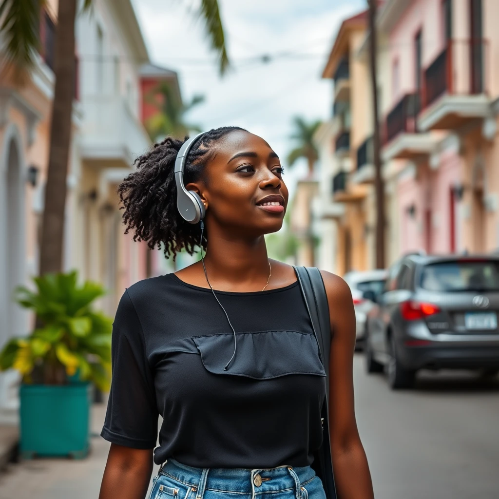 A young black woman walking on a Nassau street in the Bahamas listening to a podcast on her wireless headphones. - Image