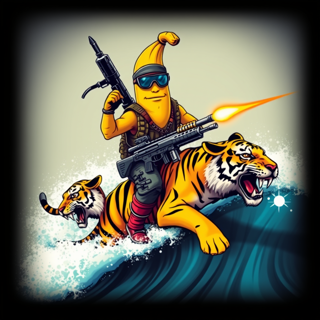 A tee shirt design of a sentient anthropomorphic determined banana man dressed in Rambo gear, carrying a huge rocket launcher with one hand, a huge chain gun in the other hand, while surfing on a Bengal tiger on a huge ocean wave. Epic design. Fading to black around the entire boundary of the image. Vibrant future punk colors. - Image