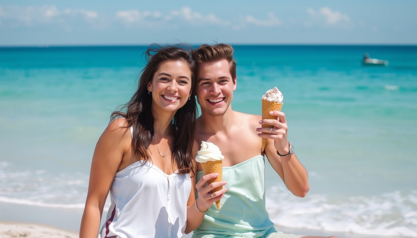 Beachside delight with a young couple and their ice cream.