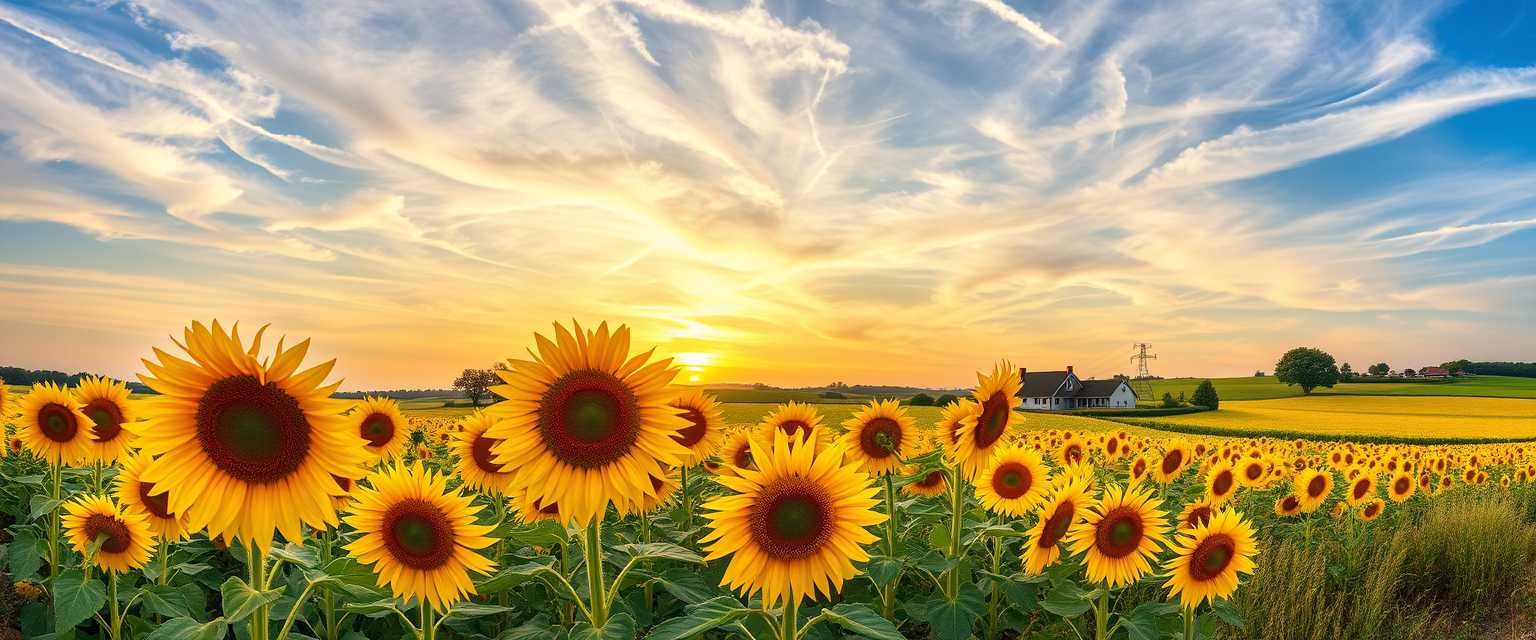 Vibrant, sunflower fields, golden blooms, high quality, photorealistic, summer, cheerful, idyllic, rural, panoramic, breathtaking, rural farmhouses, blue skies, windblown fields, sunset, floral arrangements.