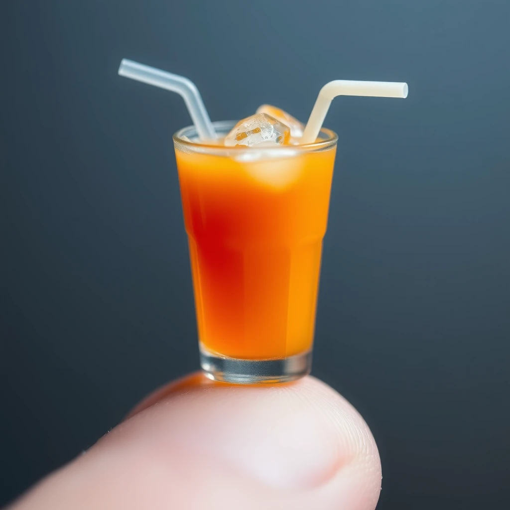 Extreme close-up macro photography depicting a very tiny miniature cup of orange juice, with ice and a straw, standing on a finger. - Image