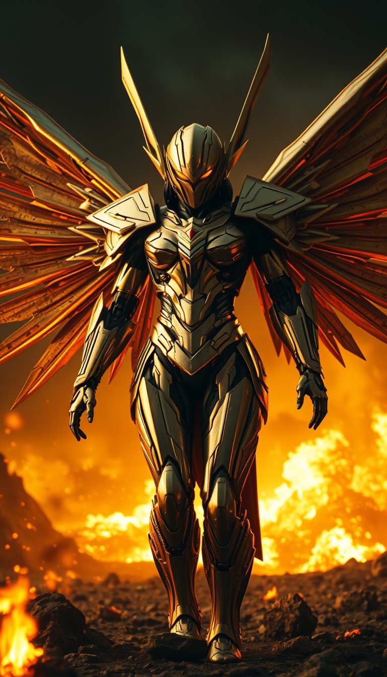 Cinematic shot of a cyborg female battle angel rising from ashes, golden regal Valkyrie armor, futuristic, full smooth helmet, standing on a battlefield, movie scene, film grain, realistic, shot from below, dark lighting.