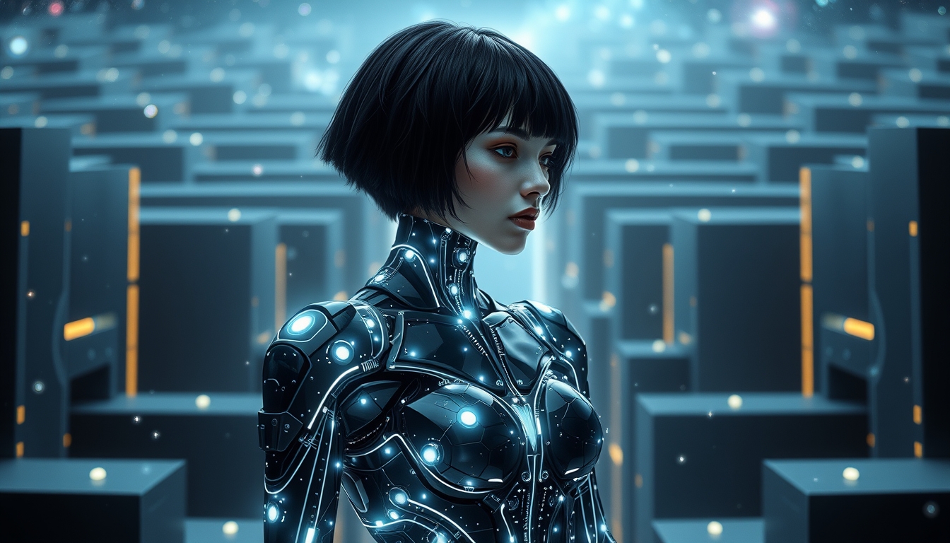 Interpretation of a cyborg woman (with short black hair). She is wearing a black and transparent electronic suit made of electronic components intertwined with white light, with particles of light floating around her, standing in the center of a futuristic maze (a beautiful maze with high walls made of stars) with a galaxy in the background. The style features mechanical realism, human relationships, and mythical themes. --Chaos 10 --ar 16:9 --v 5.2 --stylize 150.