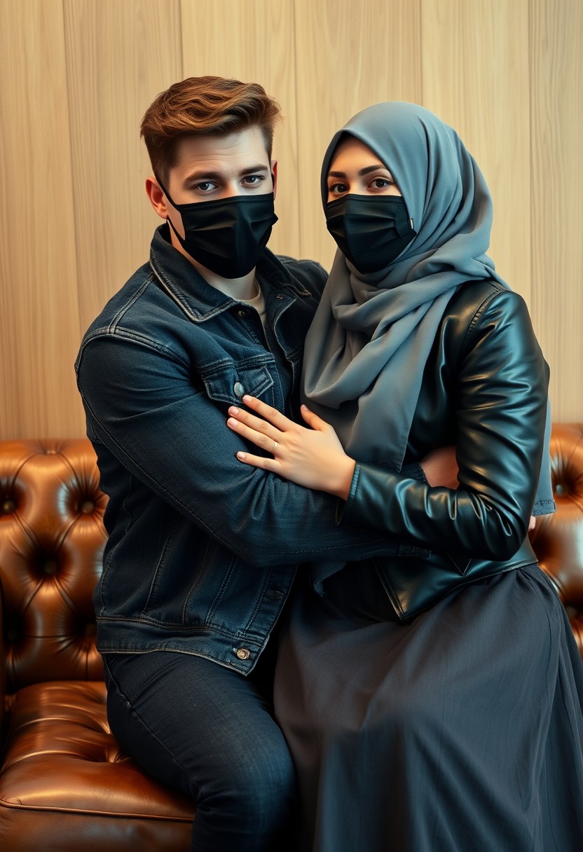 Jamie Dornan's head and body shot, handsome, black face mask, jeans jacket, jeans, dating, love couple, hug, with the biggest grey hijab Muslim girl, beautiful eyes, black face mask, black leather jacket, biggest skirt, hyper-realistic, studio photography, sitting on a classic leather sofa, wooden wall.