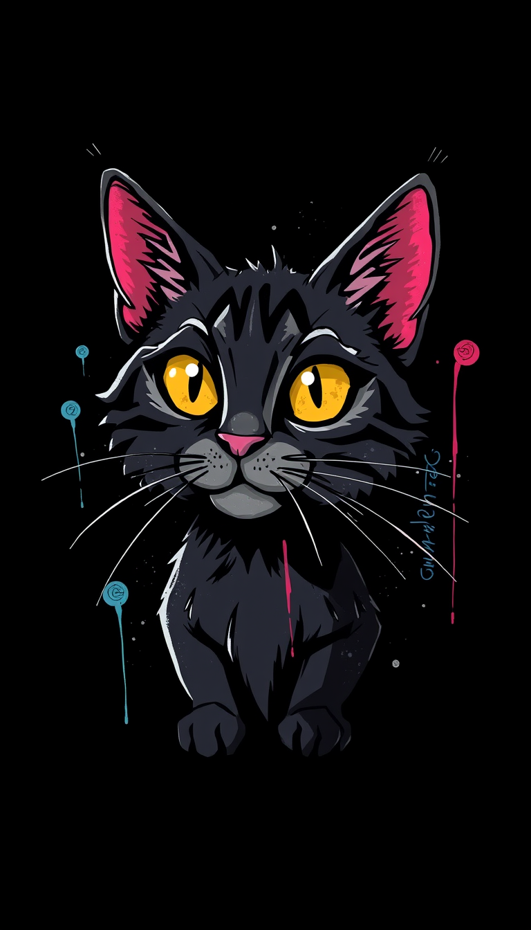 CAT graffiti, ART by sullen Warner Bros. Animation, solid color, TSHIRT DESIGN ART by sullen powell, black background. - Image