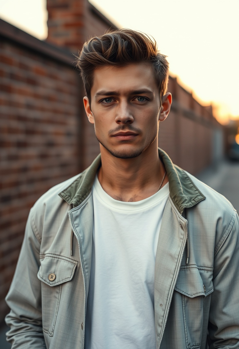 Freddie Prinze head and body shot, handsome, young, serious face, white T-shirt, collage jacket, jeans, sneakers, hyper-realistic, street photography, brick wall, full body photography, sunrise.