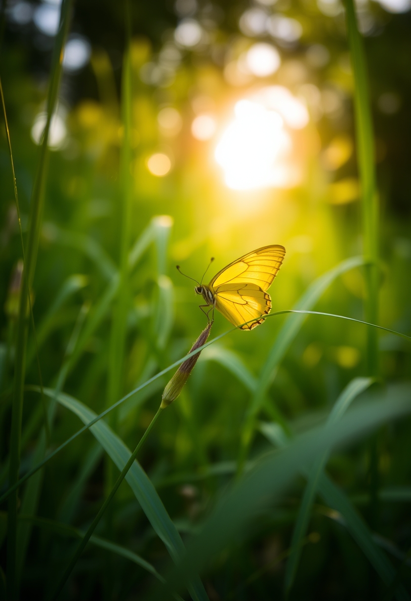 A beautiful yellow butterfly perched on a blade of grass in a field, with soft sunlight shining through the foliage.