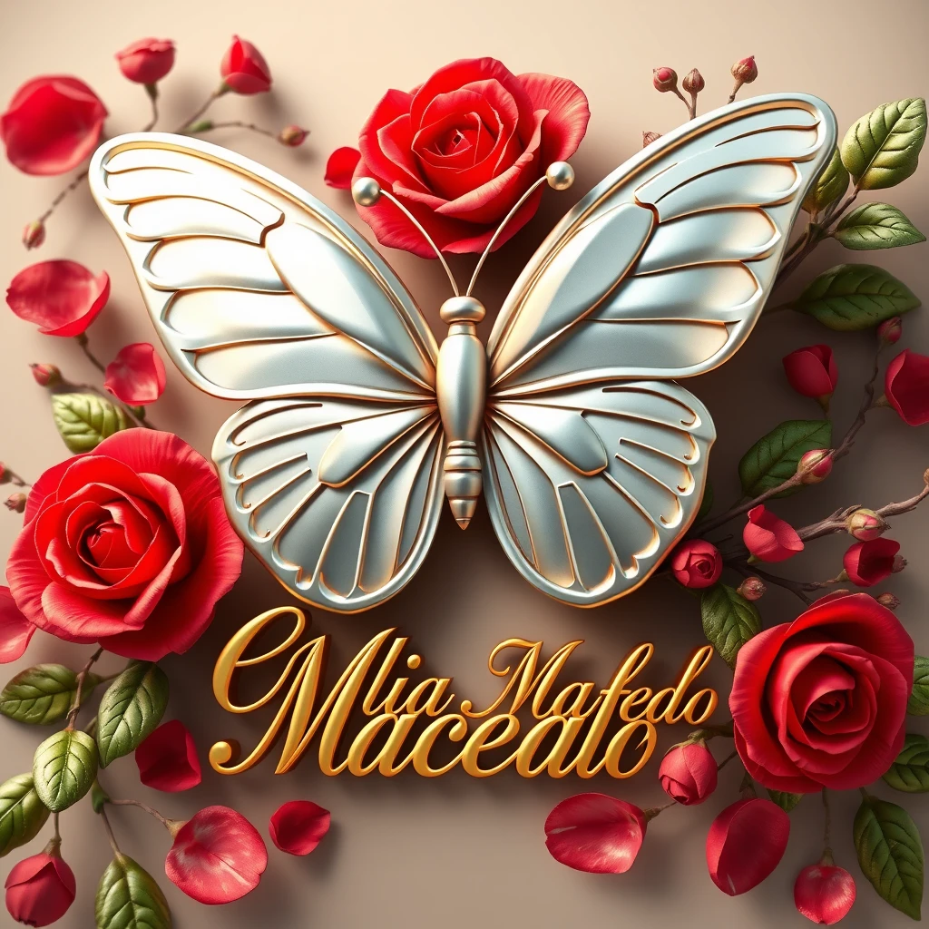 A stunning 3D digital illustration featuring a captivating butterfly logo, seamlessly blending with its lush, natural surroundings. The elegant, shiny gold text "Cláudia Macedo" is written in luxurious, cursive letters beneath the illustration. The butterfly's one side boasts exquisitely realistic silver wings, while the other is adorned with vibrant red roses and branches, creating a harmonious, intertwined design. The petals and organic shapes cascade throughout the composition, exuding sophistication and enchantment. A soft color palette and warm lighting elevate this piece to a truly masterful work of art. The intricate details and masterful execution of digital art make this illustration a mesmerizing and enchanting masterpiece.