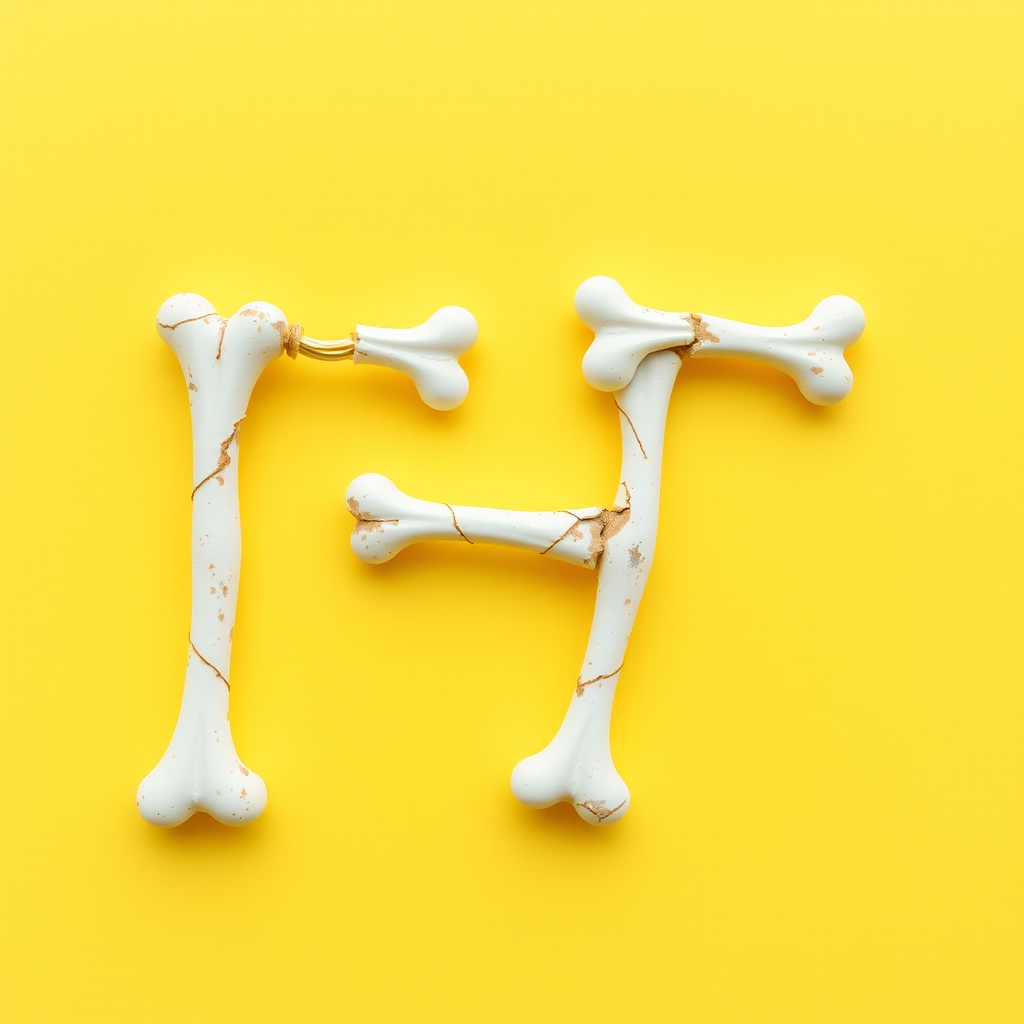 an "H" made of bones, yellow background, realistic photograph