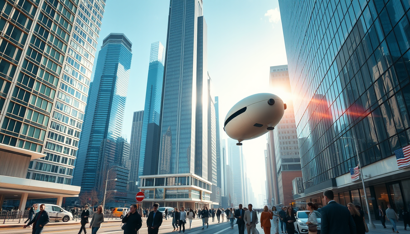 Create a stunning high-resolution image of a futuristic city. The skyline should be covered with towering skyscrapers. Include a light-colored elliptical balloon-type robot hurtling through the air, with tiny black balancers on either side of the balloon; no ropes should appear. The streets should be bustling with people dressed in fashion-forward styles. Highlight the small balloon-type robot, performing its rounds in the sky, and the beautiful sunlight reflecting on the glass surfaces of the buildings, creating an atmosphere of excitement and innovation. Very sharp and realistic details, 32K. - Image