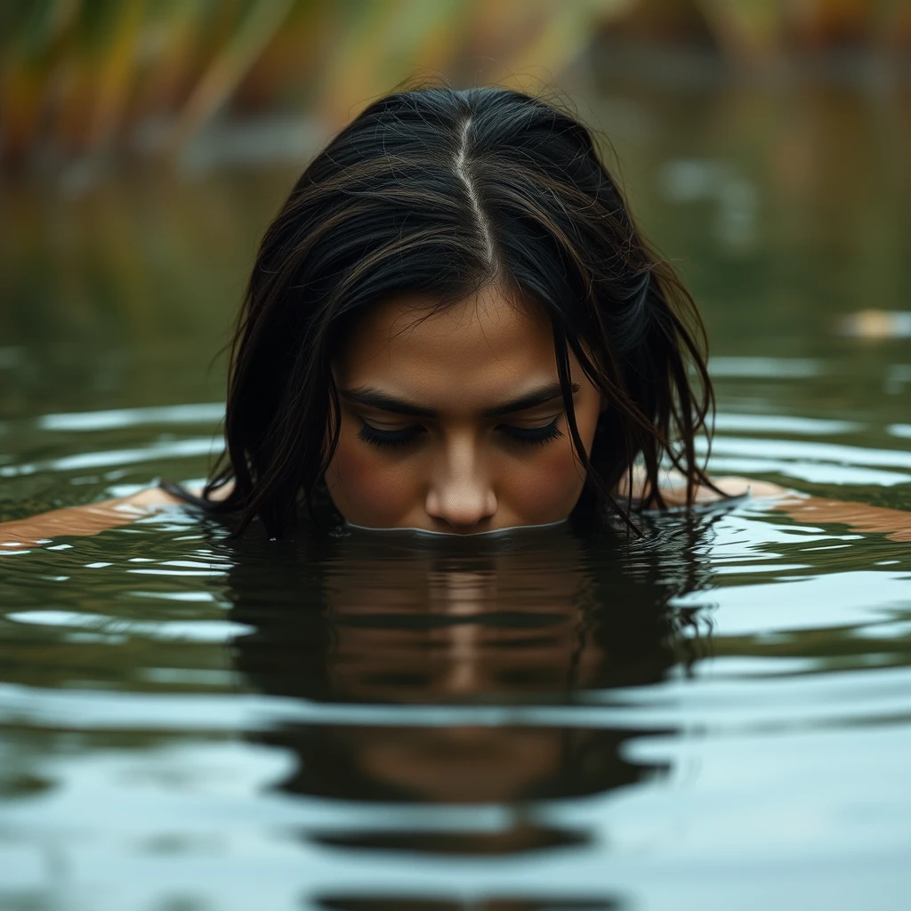 A closeup scene of a woman rising up from a pond but she has not yet broken the surface tension of the water.