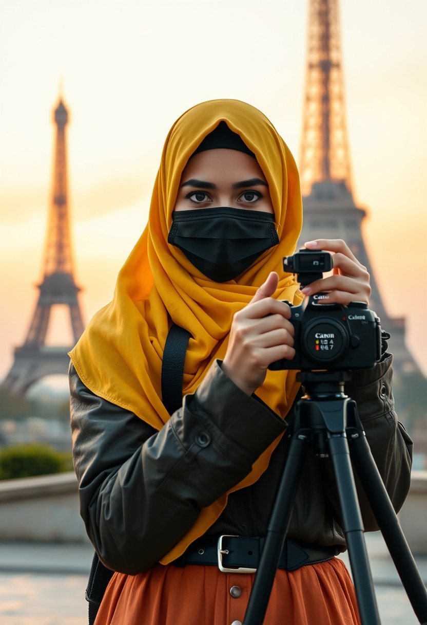 Biggest hijab yellow Muslim girl, beautiful eyes, face mask black, army leather jacket, biggest skirt, camera DSLR Canon, tripod, taking photos of Eiffel Tower, sunrise, morning scenery, hyper-realistic, street photography.