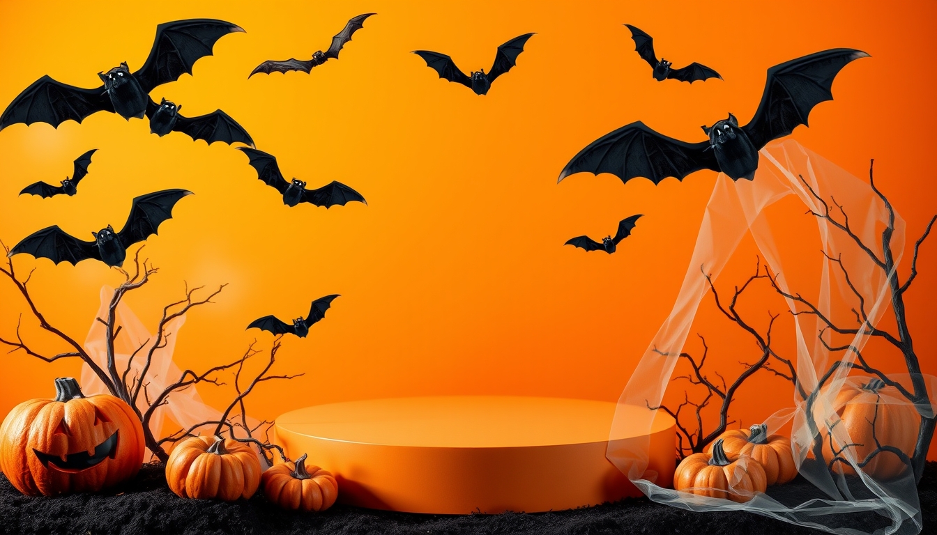 Creative Halloween composition with bats, podium and orange background. Suitable for Product Display and Business Concept. - Image