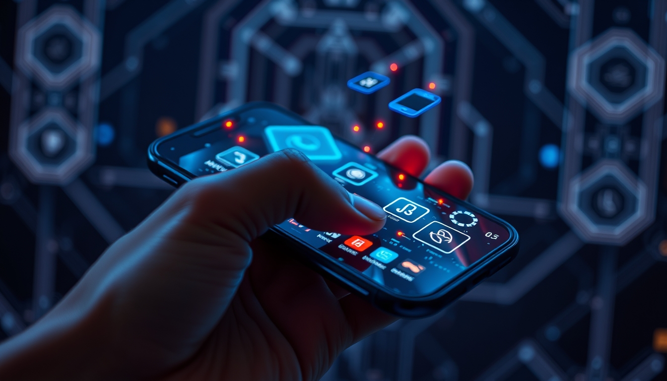 A close-up of a hand holding a futuristic smartphone, with holographic interfaces and glowing icons, set against a dark, tech-inspired background.