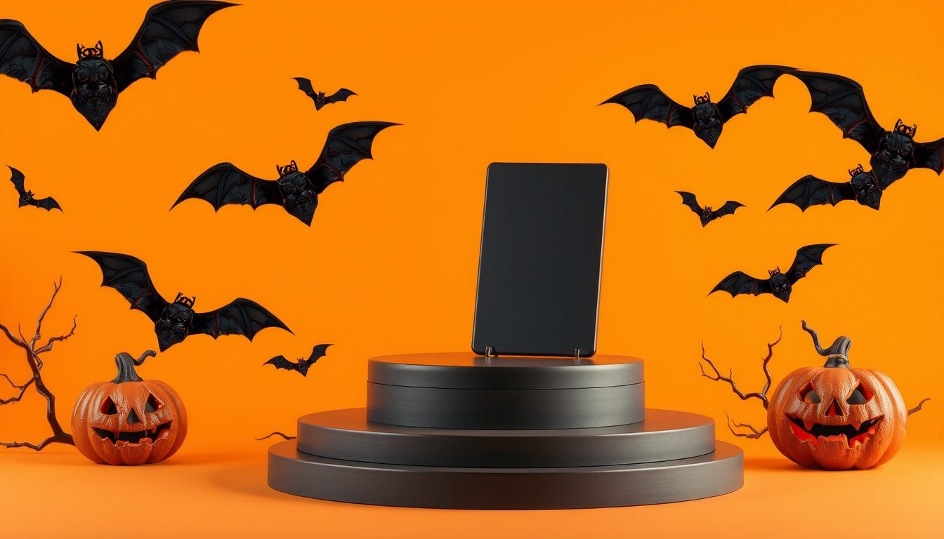 Creative Halloween composition with bats, podium, and orange background. Suitable for Product Display and Business Concept.