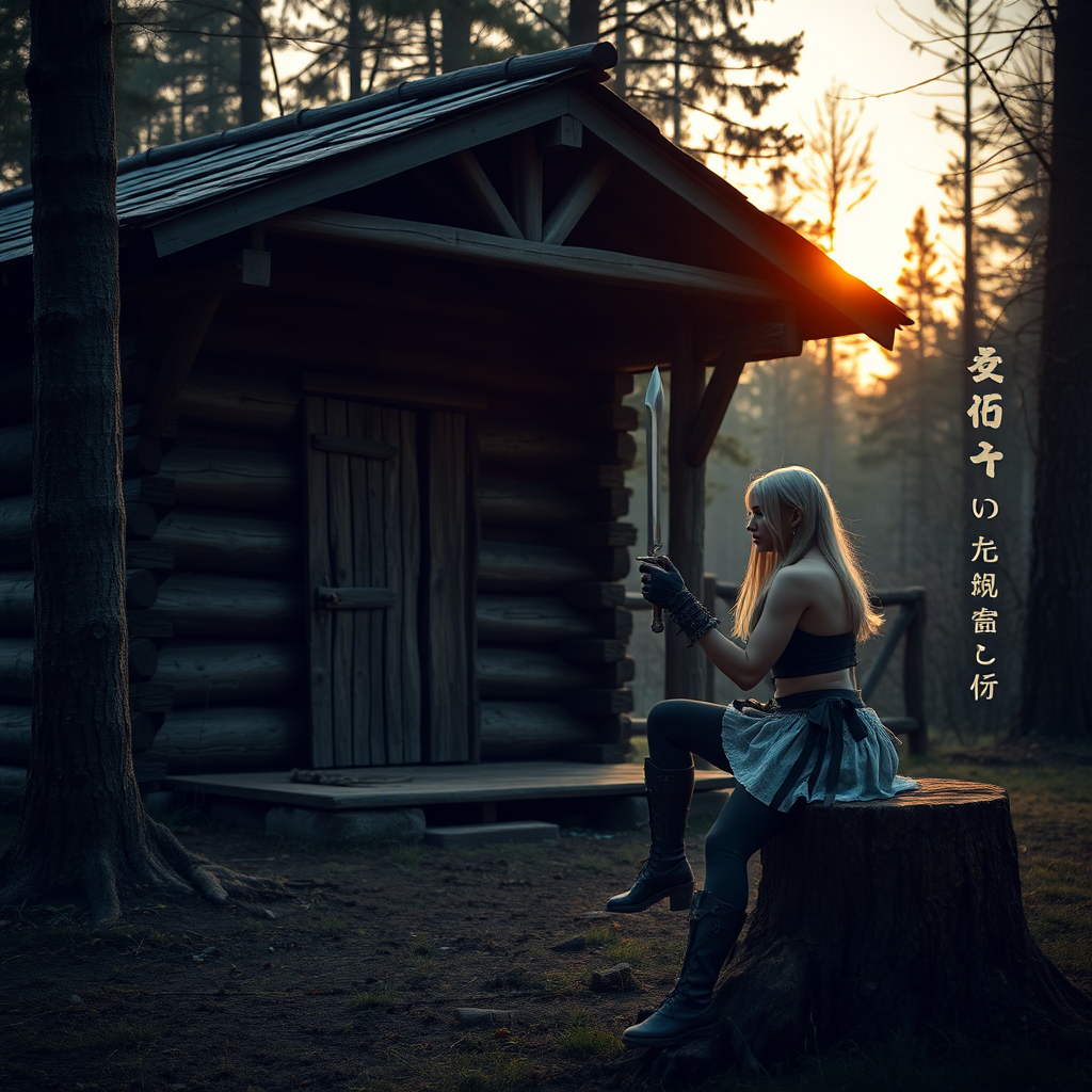 Real-life photography: In the evening, in the forest, there is a wooden cabin, and next to it, a female barbarian is sitting on a wooden stump, holding a dagger and looking at it. There are Chinese letters or Japanese letters.