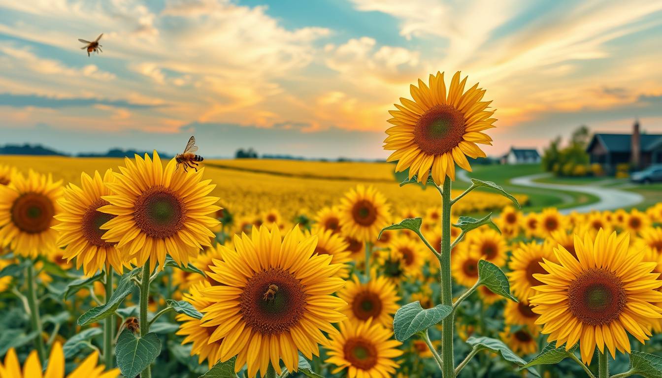 Vibrant, sunflower fields, golden blooms, high quality, photorealistic, summer, cheerful, idyllic, rural, panoramic, breathtaking, countryside::1.5 bees, butterflies, rural farmhouses, blue skies, windblown fields, rural roads, sunset, floral arrangements.